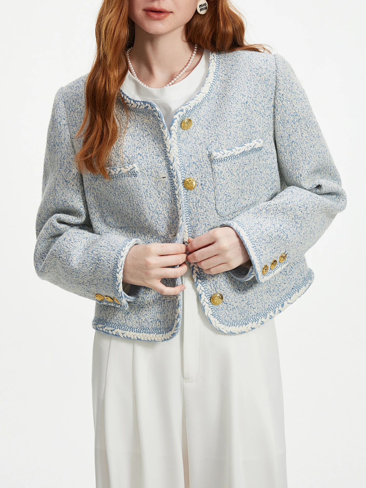 Autumn Office Lady Short Blue Wool Women Tweed Jackets Round Neck, Temperament Coat Female Tweed Coats for Smart Casual