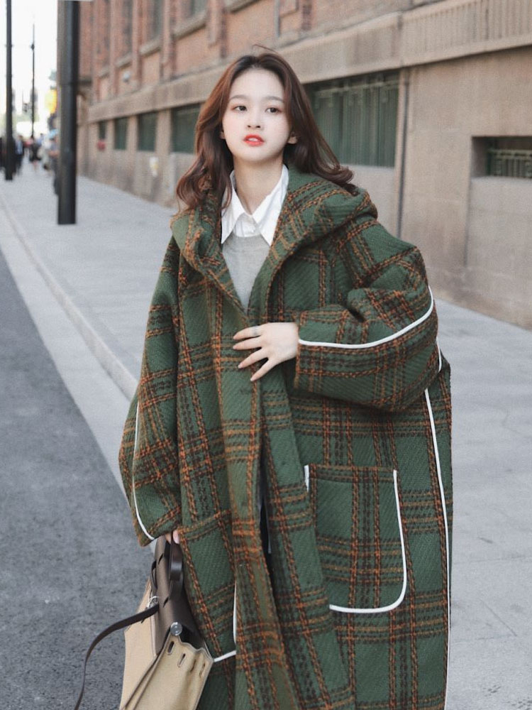Autumn Winter Long Oversized Warm White Patchwork Plaid Wool Blends Trench Coats Women with Hood Runway Korean Fashion