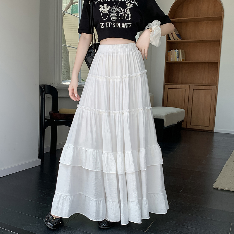 High Waist Flowy A-Line Maxi Skirt, White Tiered Ruffle Hem Skirt, Summer Chiffon Layered Pleated Skirt