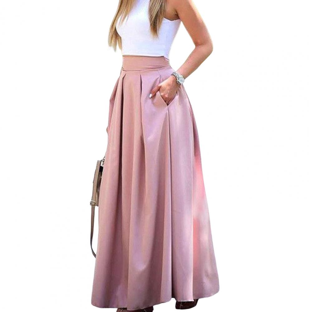 Elegant Flowy High Waist Maxi Skirt for Women, Long Skirt with Pockets, Breathable Slimming Fit for Parties