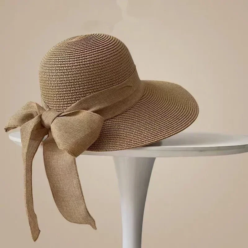 Elegant Wide Brim Straw Hat – Korean Style Summer Sun Hat with Chic Bow Tie for Beach Vacation