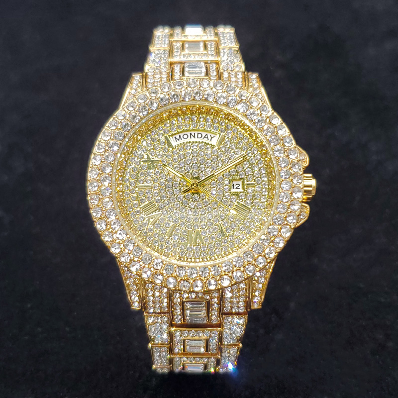 Luxury Diamond Watch for Men Hip Hop Iced Out Gold Stainless Steel Watch