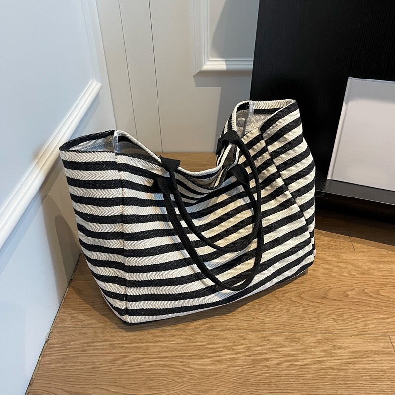 Everyday Carry Striped Canvas Shoulder Bag and Large Capacity Shopping Tote