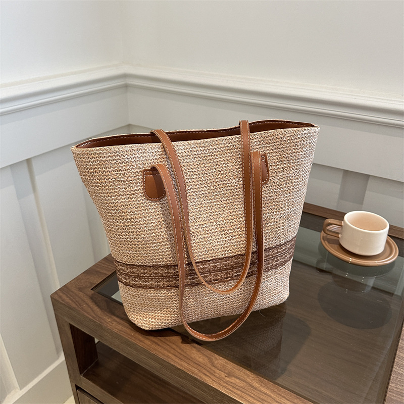 Aura Summer Straw Woven Basket Tote Bag - Large Capacity Luxury Beach Handbag