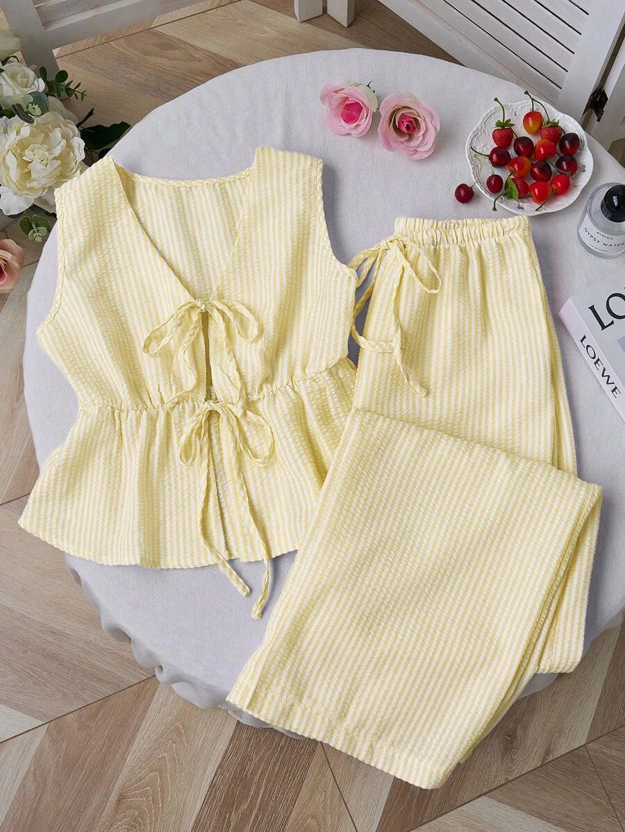 Elysian Summer Women's Striped Linen Two Piece Set Wide Leg Pants Suit