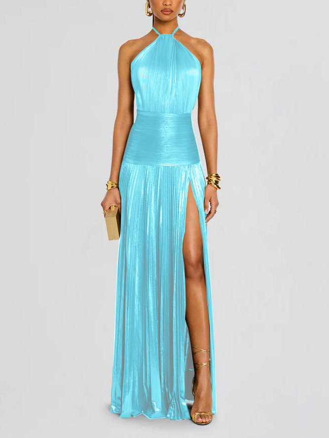 Gold Halter Neck Evening Dress Backless Pleated Slit Party Gown