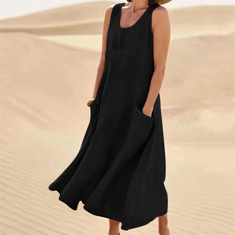 Women's Casual Cotton Linen Summer Dress with Pockets