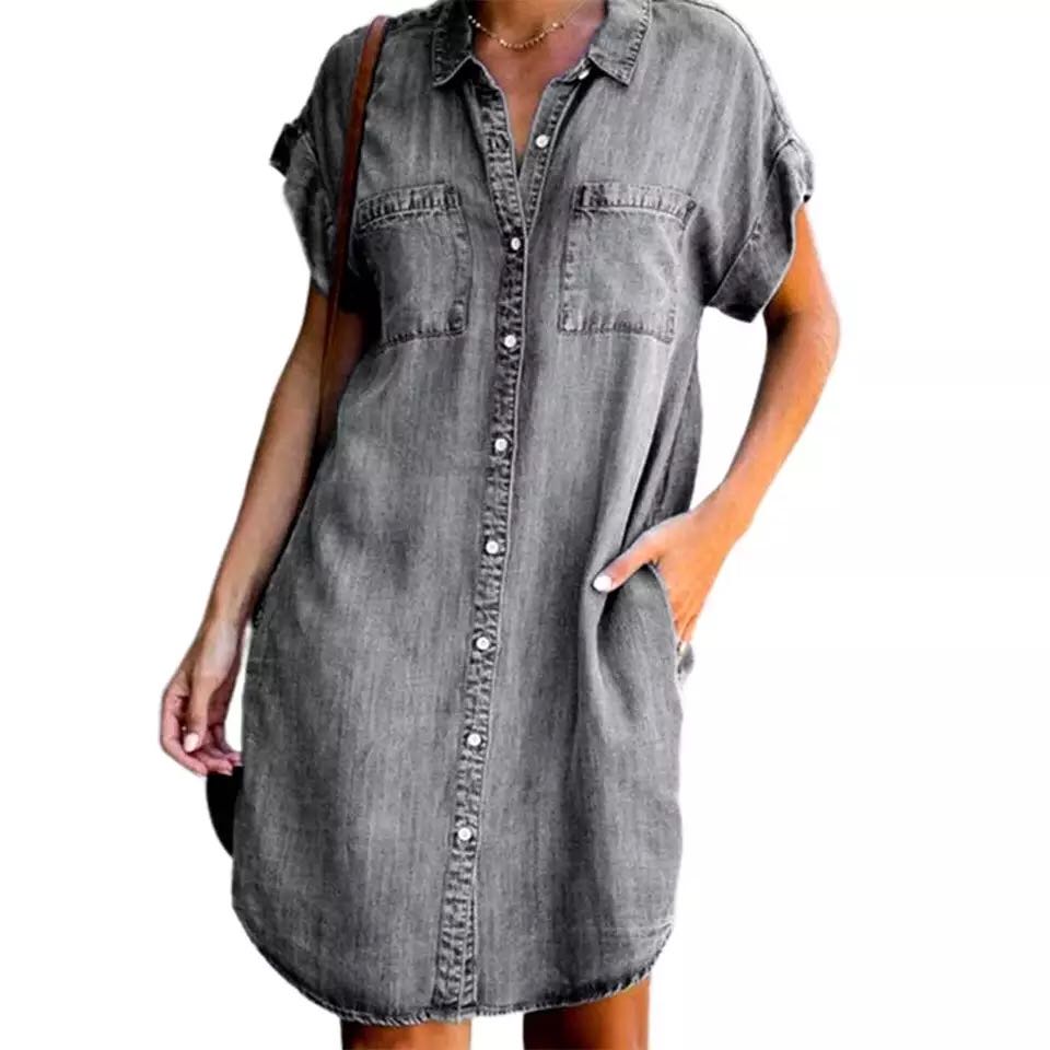 Retro Denim Shirt Dress with Pockets - Casual Loose Short Button Down Western Denim Dress for Women