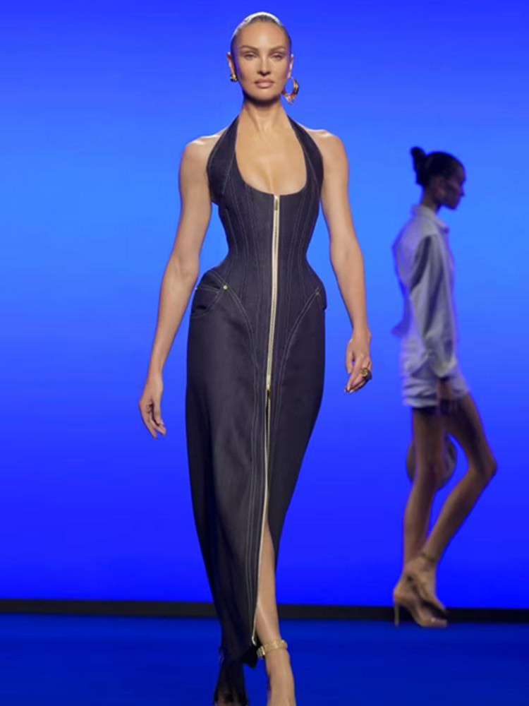 Aura Denim Halter Backless Maxi Dress Elegant Evening Party Gown