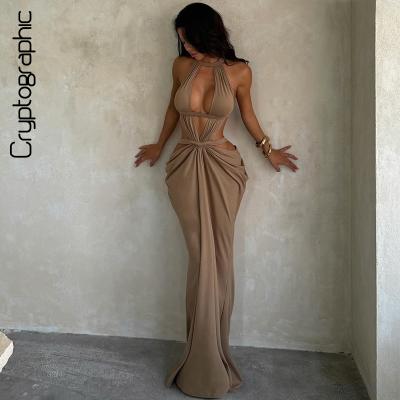 Aurelia Khaki Halter Backless Maxi Dress Elegant Evening Gown
