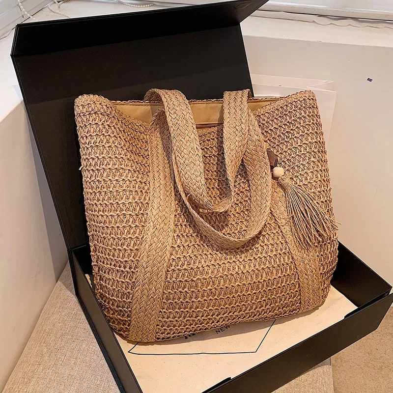 Aura Retro Straw Woven Handbag – Elegant Casual Tote & Beach Shoulder Bag