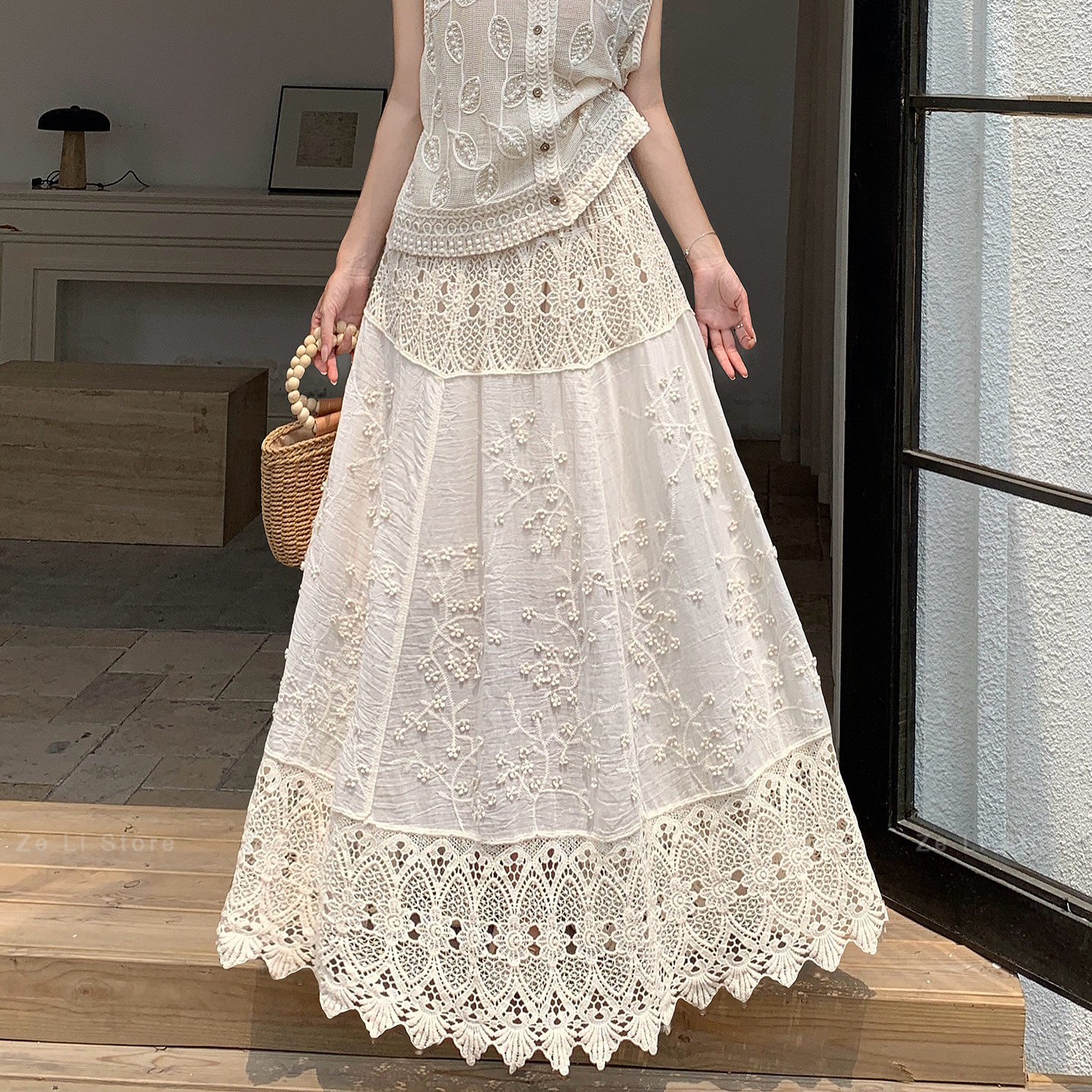 Boho Lace Crochet A-Line Maxi Skirt - High Waisted Summer Skirt for Women