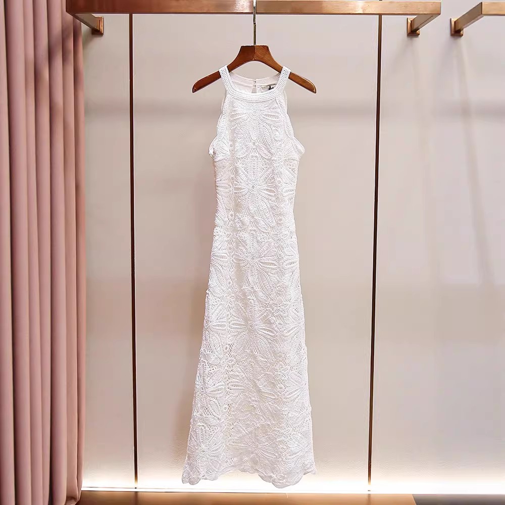 Aura White Lace Halter Maxi Dress Elegant Crochet Overlay Long Dress for Beach & Summer Vacations