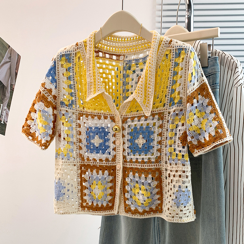 Boho Crochet Crop Cardigan Short Sleeve Summer Open Knit Top