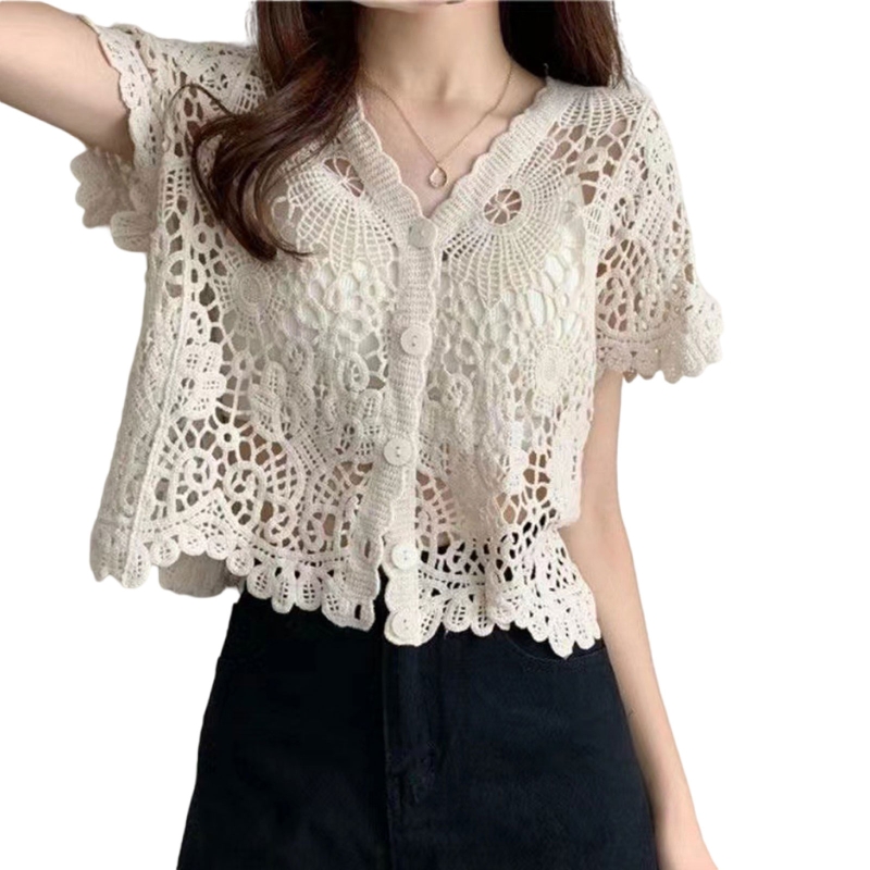 French Style V-Neck Crochet Knit Lace Shrug Cardigan