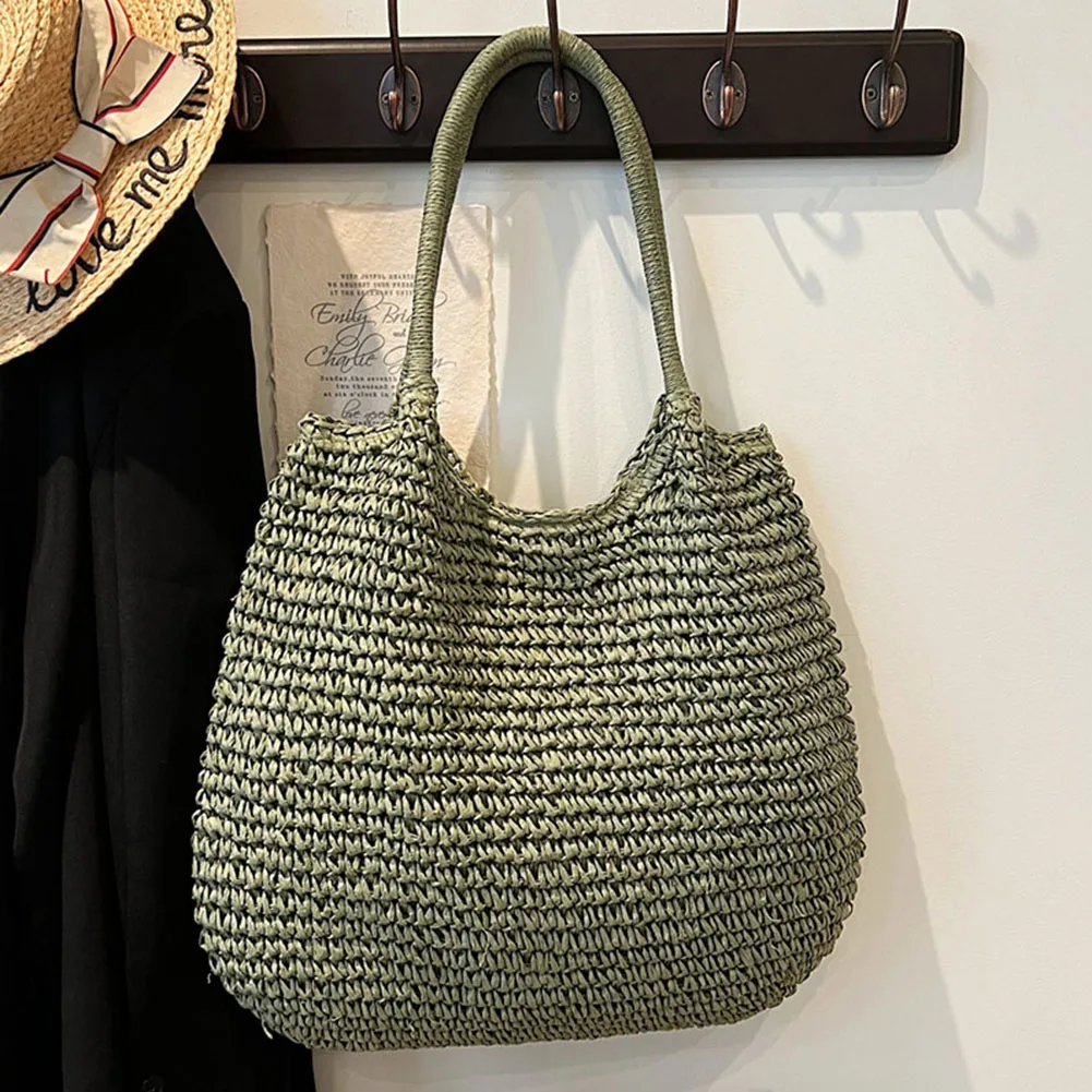 Vintage Crochet Straw Tote Bag - Large Capacity Summer Shoulder Handbag for Beach and Daily Use