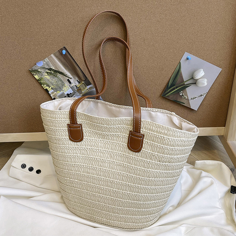 Large Straw Woven Basket Bag - Braided Summer Beach Shoulder Purse & Top-Handle Travel Tote