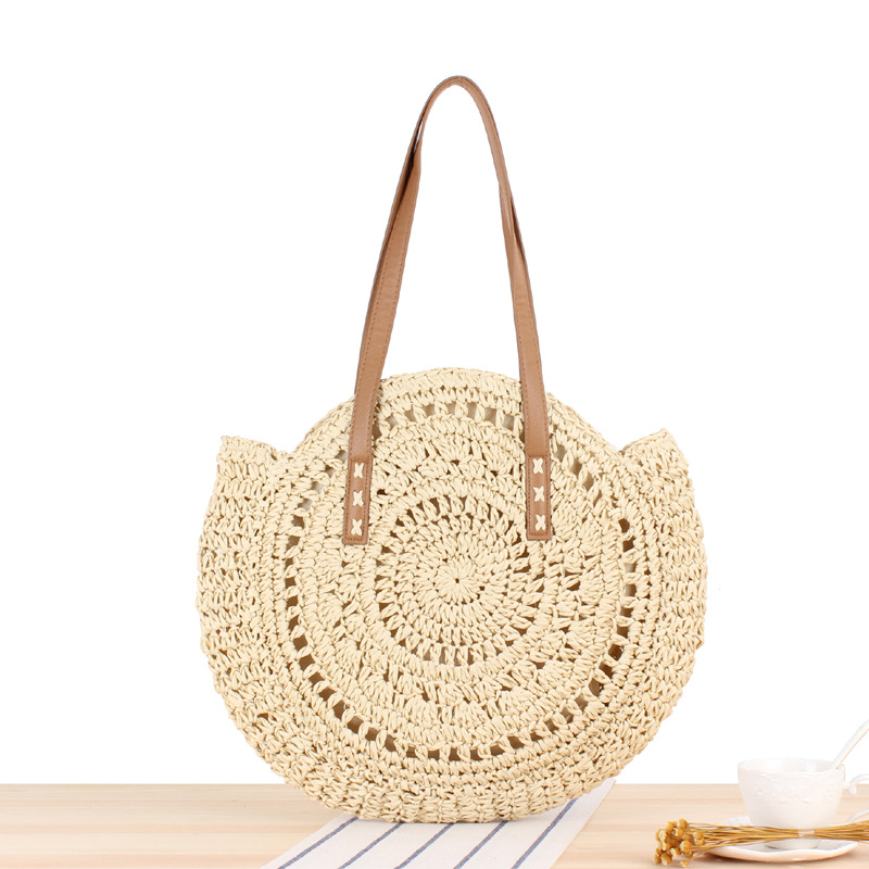Handmade Round Straw Beach Bag Vintage Bohemian Woven Shoulder Bag