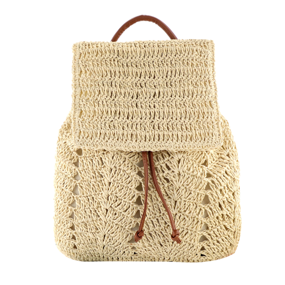 Handmade Woven Straw Backpack Casual Beach Shoulder Bag with Top Handle