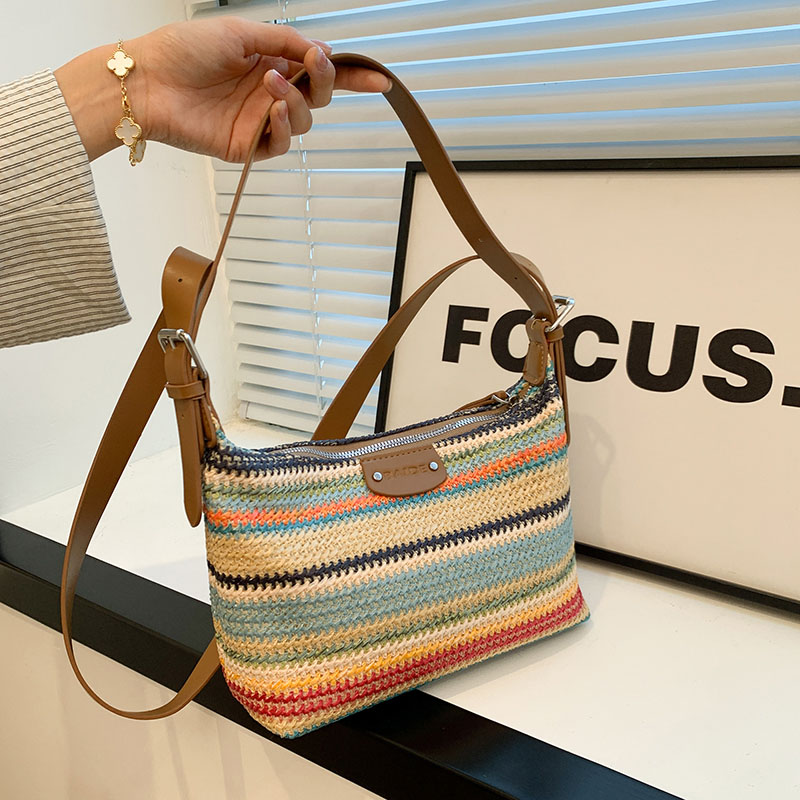 Rainbow Straw Woven Beach Bag: Vintage Underarm Shoulder and Crossbody Handbag