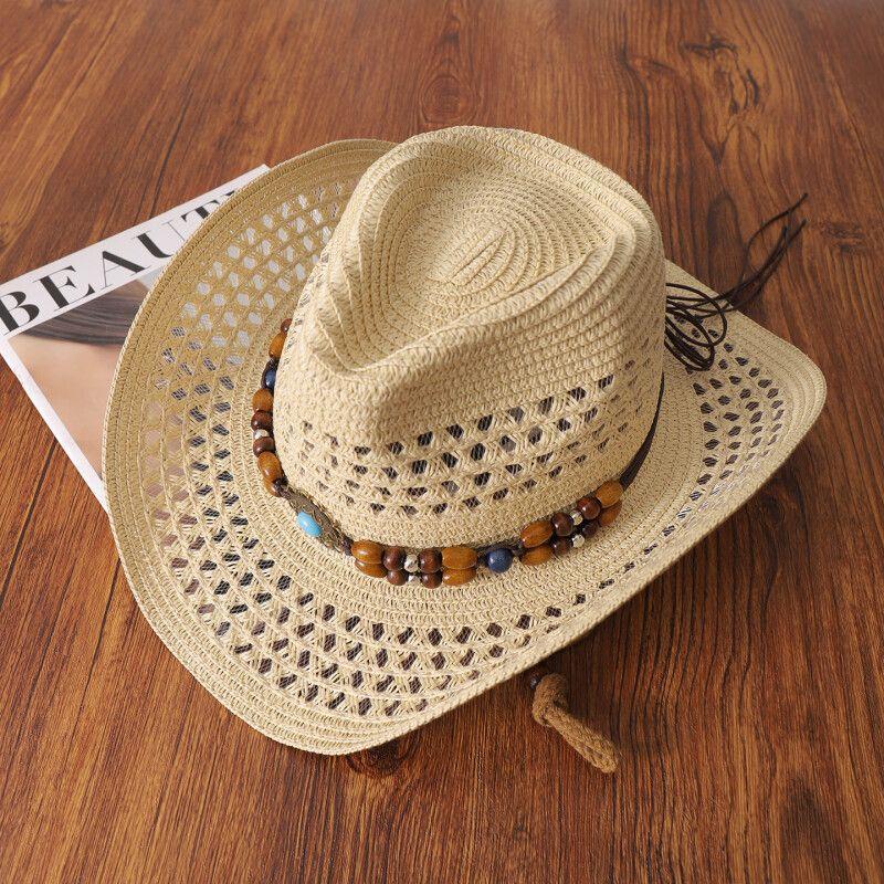 Bohemian Wide-Brimmed Hat: Vintage-Style Woven Straw Sun Hat with Wooden Bead Accents