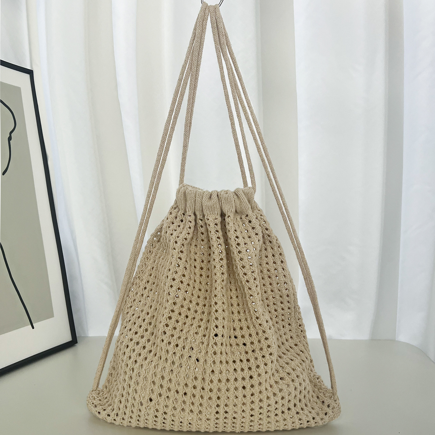 Boho Crochet Backpack: Casual Handmade Knit Drawstring Rucksack for Summer Beach Travel and Shopping