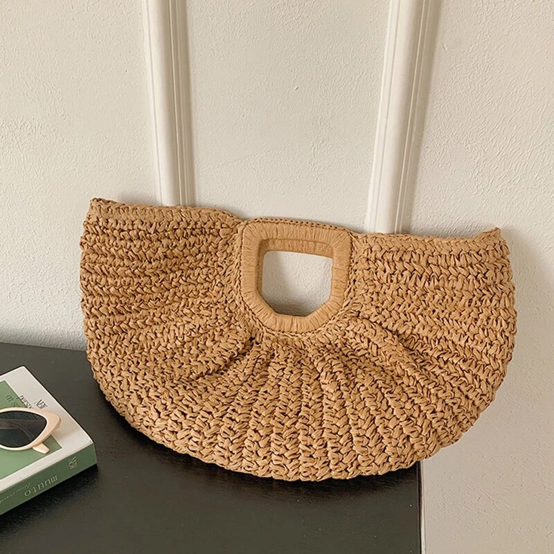 Handmade Straw Beach Handbag – Elegant Rattan Half-Moon Woven Tote for Summer Fashion