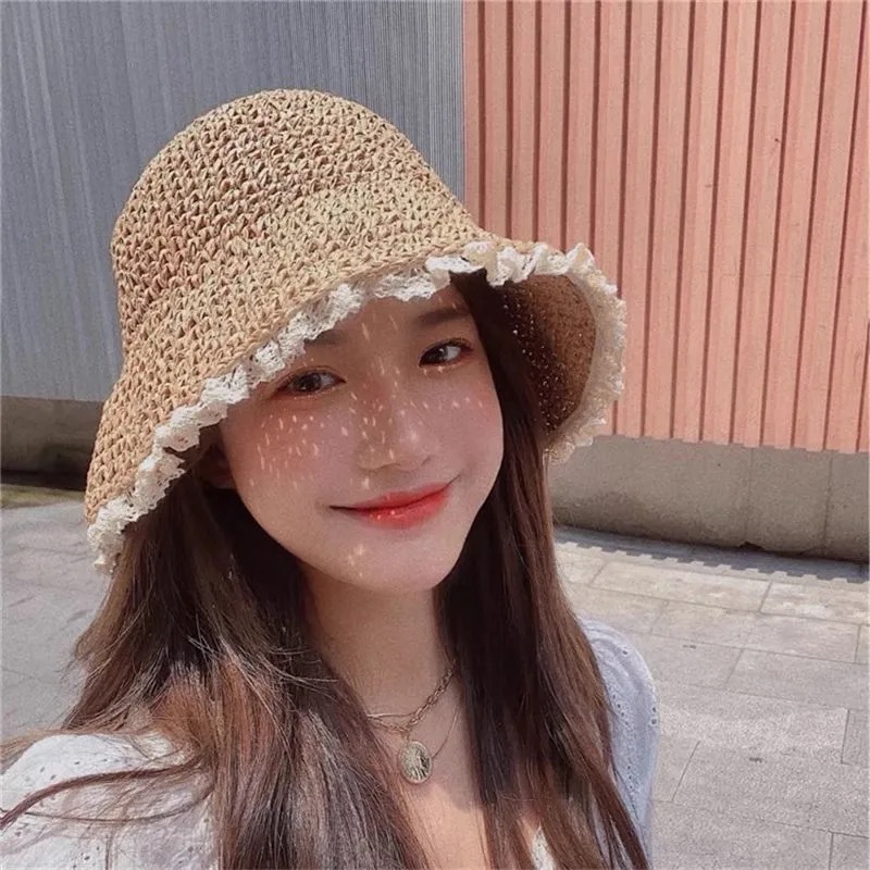 Womens Foldable Crochet Bucket Hat with Lace Detail – Breathable Summer Beach Hat and Stylish Sunshade