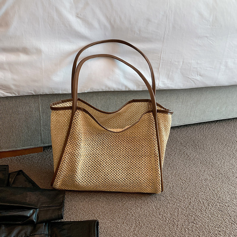 Striped Straw Tote Bag: Large Beach Bag and Summer Vacation Woven Shoulder Handbag