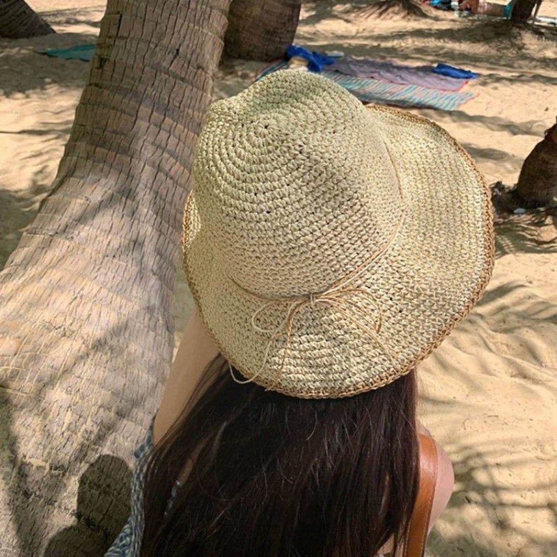 Hand Woven Wide Brim Straw Sun Hat for Women Summer Beach Visor