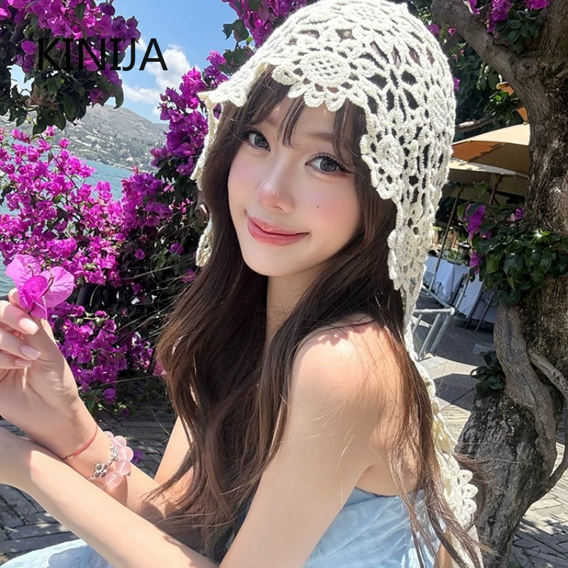 Japanese-Style Lace Hollow-Out Knitted Beanie: Elegant Ethnic-Inspired Breathable Headscarf Hat for Travel and Photoshoo