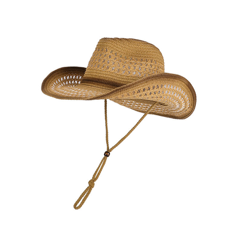 Unisex Western Cowboy Straw Hat Wide-Brim Summer Sun Hat for Beach and Travel