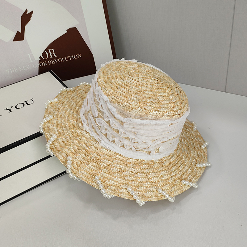 Chic Pearl Trim Straw Fedora – Elegant Pleated Ribbon Wide Brim Summer Sun Hat for Vacation and Beach Wear