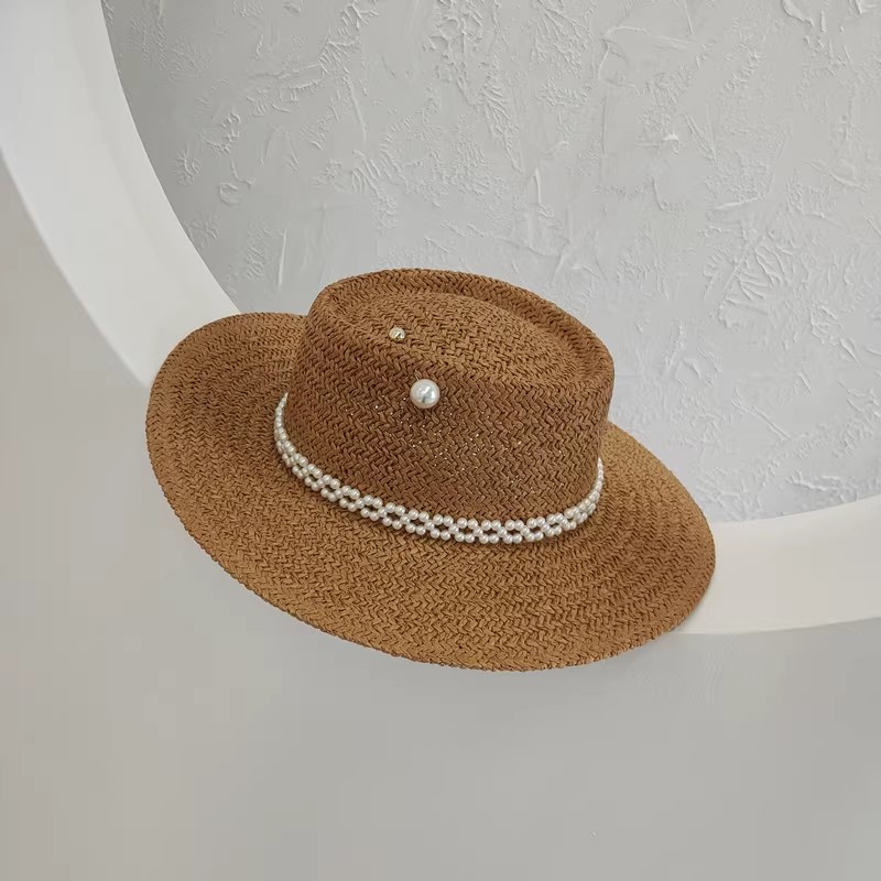 Elegant Pearl Chain Wide Brim Straw Sun Hat for Women – Chic Travel Panama Hat for Summer Beach and Vacation
