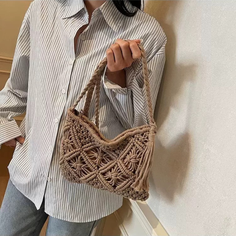 Boho Crochet Bag: Lightweight Summer Beach Tote and Woven Shoulder Purse for Women