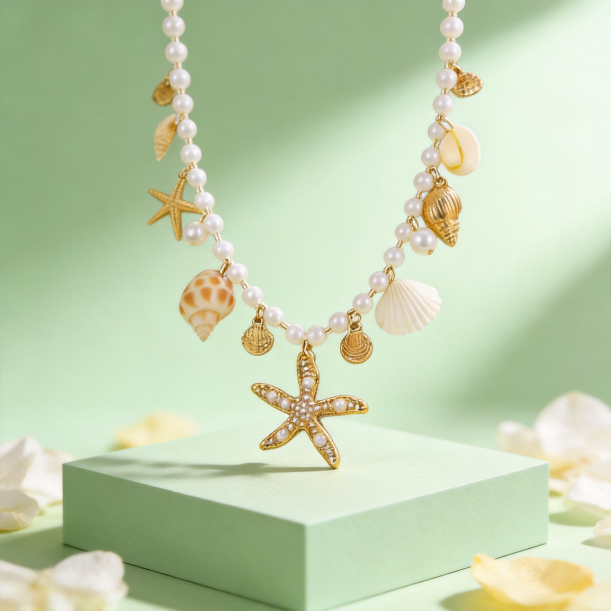 Coastal Elegance Starfish Shell Pendant Necklace with Imitation Pearl Chain for Beach Vacation and Summer Style