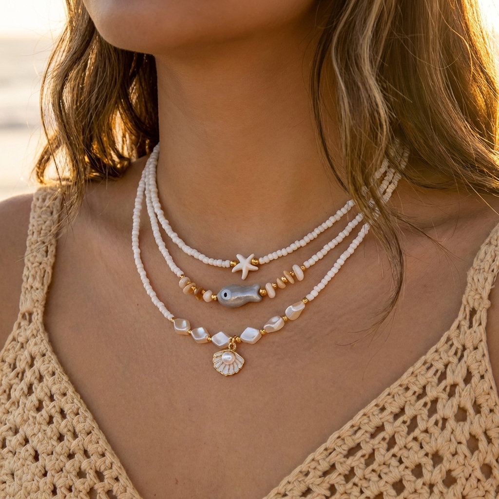Bohemian Layered Shell Starfish and Turtle Necklace for Women Handmade Ocean Inspired Summer Beach Jewelry