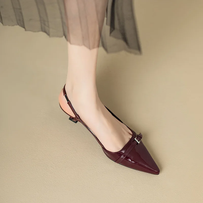 Vintage Wine Red Patent Leather Pointed Toe Mid-Heel Sandals โ Elegant Retro Slingback Dress Shoes for Women