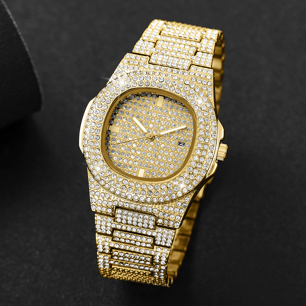 Luxury Diamond Stainless Steel Men Quartz Wristwatch with Calendar