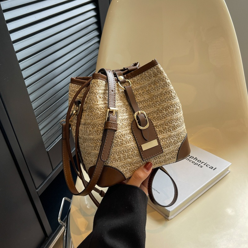 Summer Straw Bucket Bag with Faux Leather Crossbody Purse