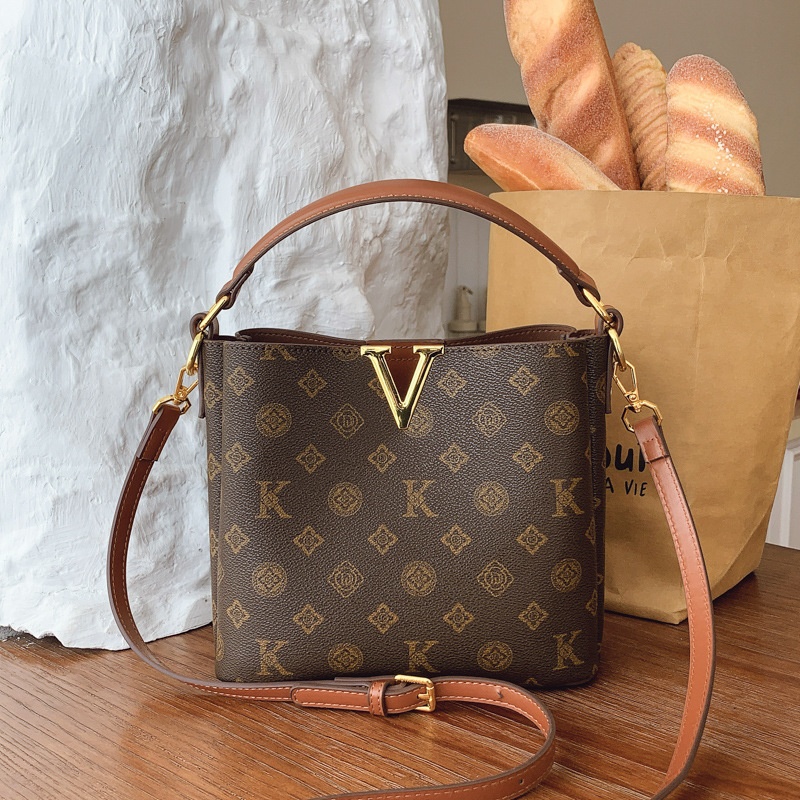 Khaki Monogram PU Leather Bucket Bag with Luxury V-Shaped Design