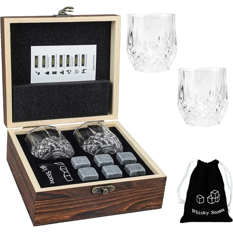 Whiskey Stones Glasses Set for Men Father's Day Gift Granite Ice Block in Wooden Bottle Box for Dad Husband