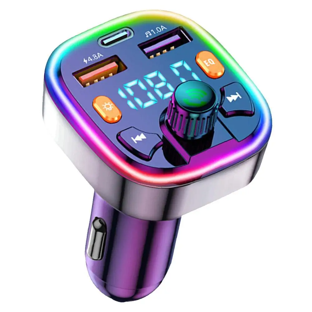 Car Bluetooth FM Transmitter with PD Type-C Dual USB, Ambient Light, Handsfree Modulator Player & Charger