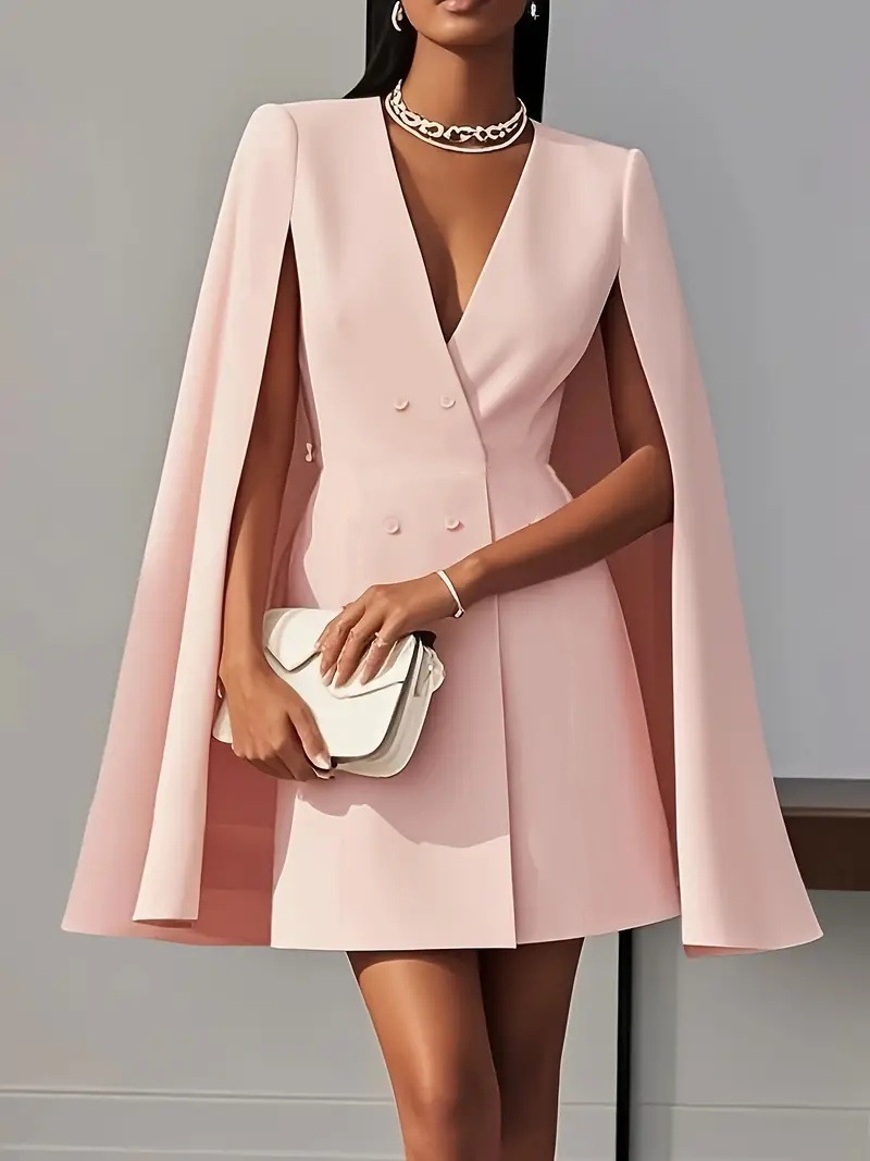 Elegant V-neck Shawl Cape Sleeve Blazer Dress – Double Breasted Office & Party Dress