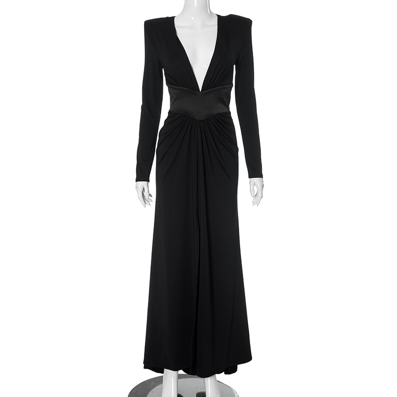 Elegant Deep V-Neck High Slit Evening Dress – Shoulder Padded, High Waist, Formal Prom Gown