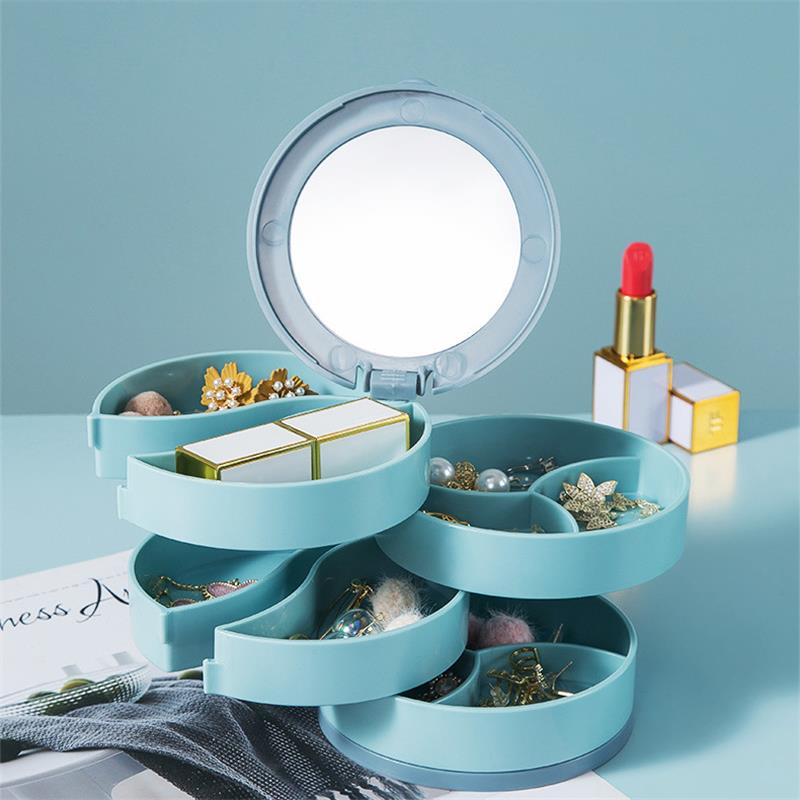 Rotating Jewelry Stand Display Tray - Multilayer Plastic Storage Box for Earrings, Rings & Cosmetics - Blue/Pink