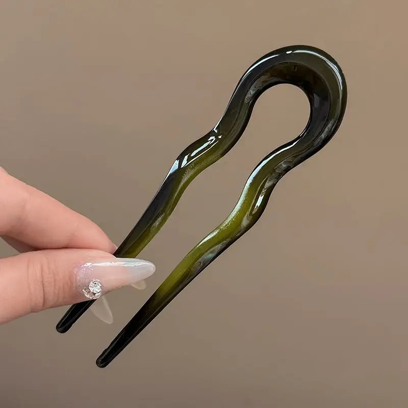 Vintage Green Tortoise U-Shaped Hair Stick for Women – Wavy Plastic Hair Clip Accessory