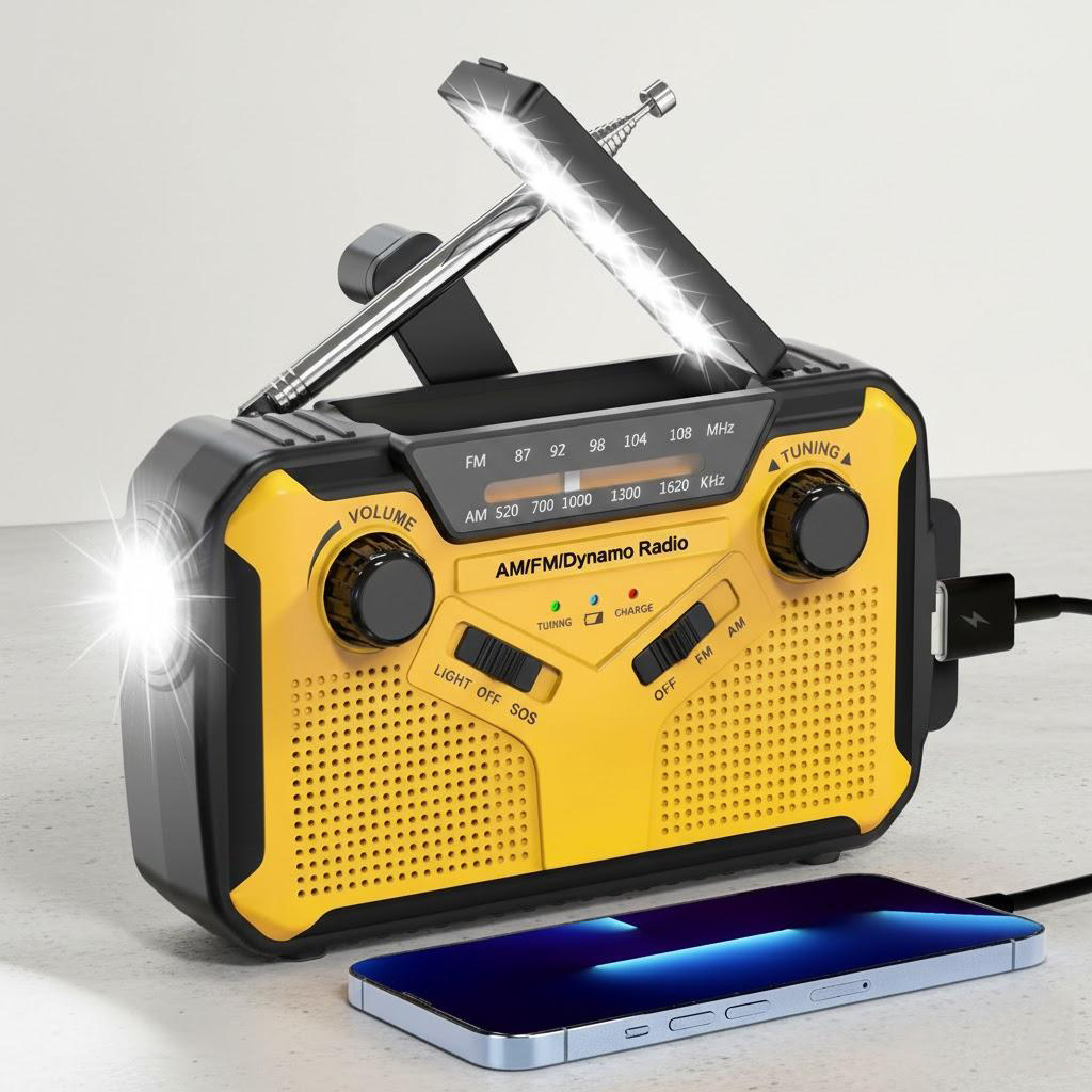 Solar Hand Crank AM FM Radio with Power Bank, LED Torch & Reading Light for Outdoor Adventures and Emergencies