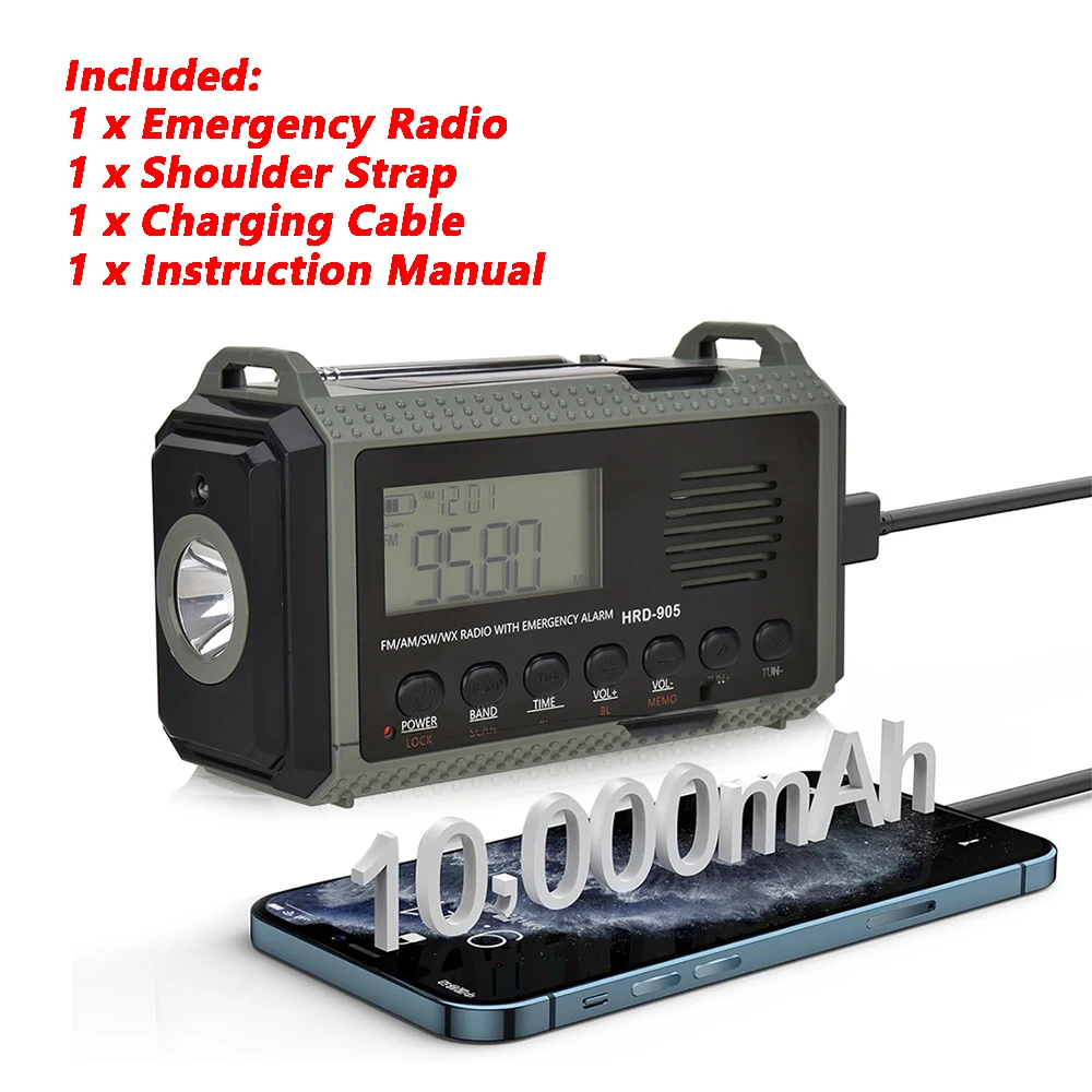 Portable Solar Hand Crank Radio with NOAA Weather Alerts & Power Bank Emergency Flashlight & SOS Alarm