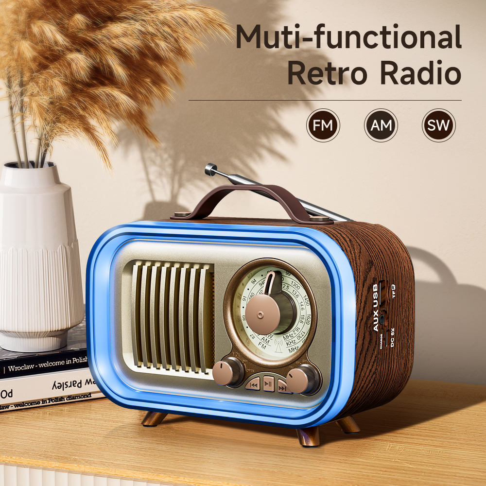 Portable Radio with RGB Mood Light & Wireless FM AM SW Radio Vintage Style Party Speaker with Multicolor Night Light